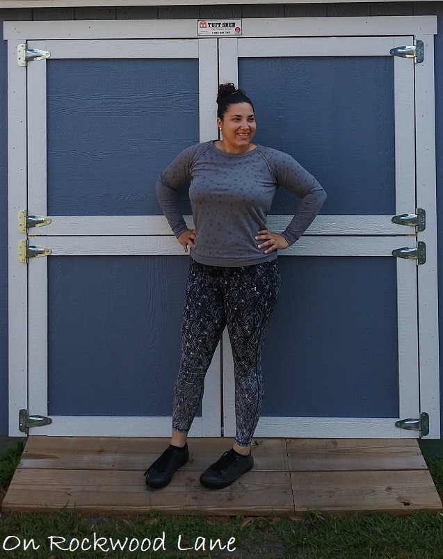 athleisure outfit with gray long sleeve sweater, black active leggings and black sneakers On Rockwood Lane
